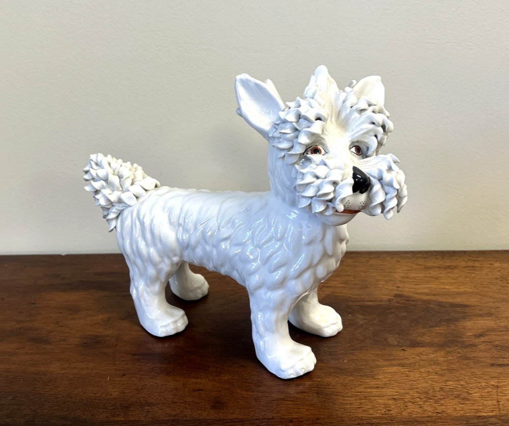 Vintage Ceramic Dog White Figurine Thick Spaghetti Fur 8" Mid Century Italy